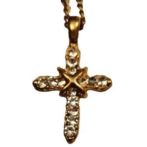 Vintage Cross Pendant Necklace Gold Tone Chain Rhinestone